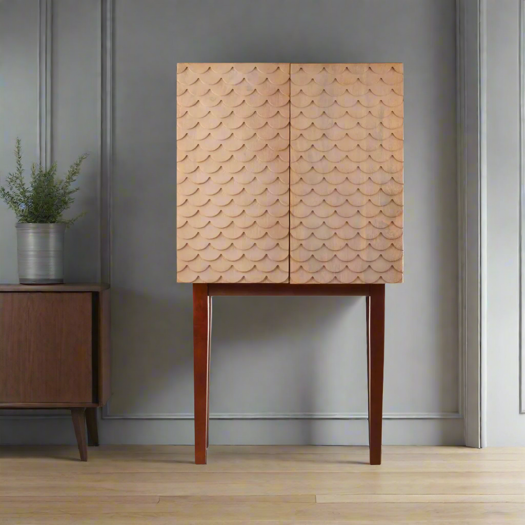 Tall Scallop Design Cabinet on tall legs, exceptionally stylish piece but oh so useful too. With four compartments inside the 'Scallop' decorated Mango wood doors, there's plenty of storage. A stylish, warm design led piece of furniture in your living room.