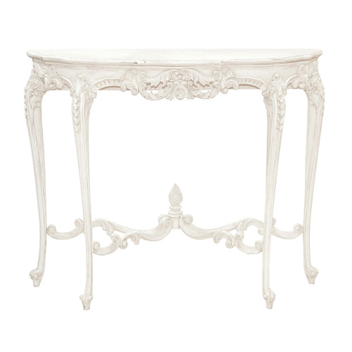 Gorgeous white carved, curved console table. Traditional style, contemporary colour, perfect in your country house or in a townhouse hall. the elaborate carving to the front and legs adds to the exquisite look of this table.