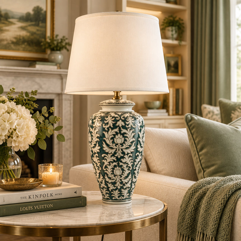 green & white ceramic table lamp in a living room