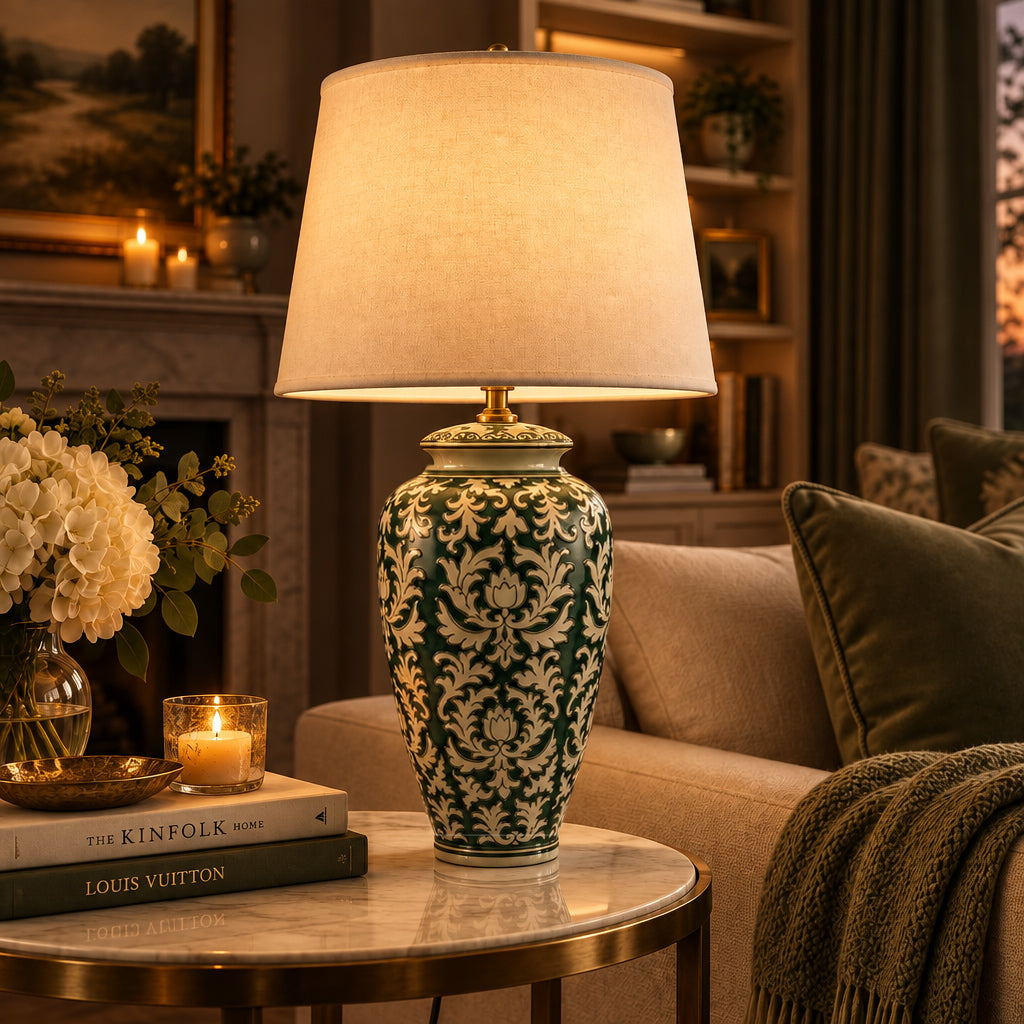 green & white ceramic table lamp in the evening in a living room