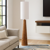 Tall, caramel coloured ribbed ceramic floor lamp in a cone shape with a matching tall funnel shaped shade in a linen colour. Definitely for the contemporary or mid-century style home. Exceptionally stylish shade and the base has a slightly rustic edge to the toffee coloured ceramic base.&nbsp; Beautifully finished a real statment light to add interest to your living room, hall, dining room anywhere you want to add light.