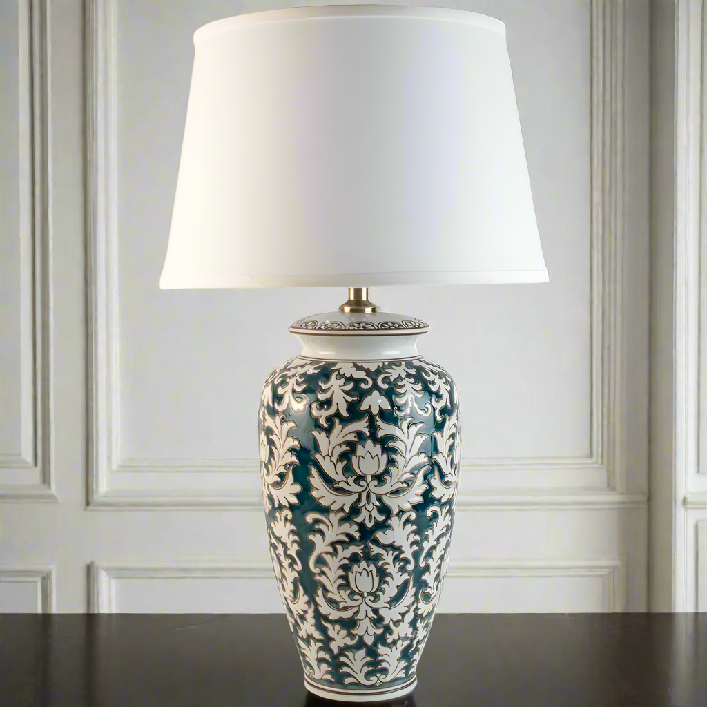 Green and White Ceramic Lamp & Shade