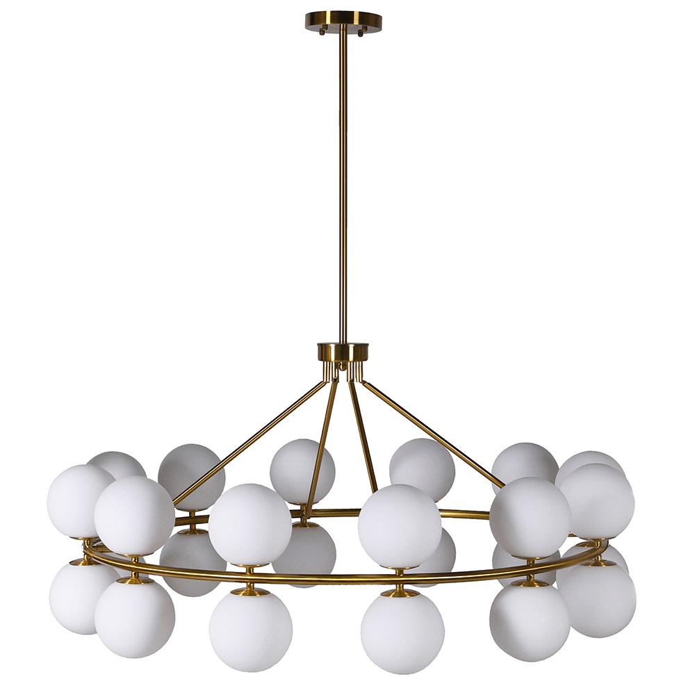 Massive, opaque globe chandelier, 24 globes set around a brushed gold frame, an absolute statement in any room. 