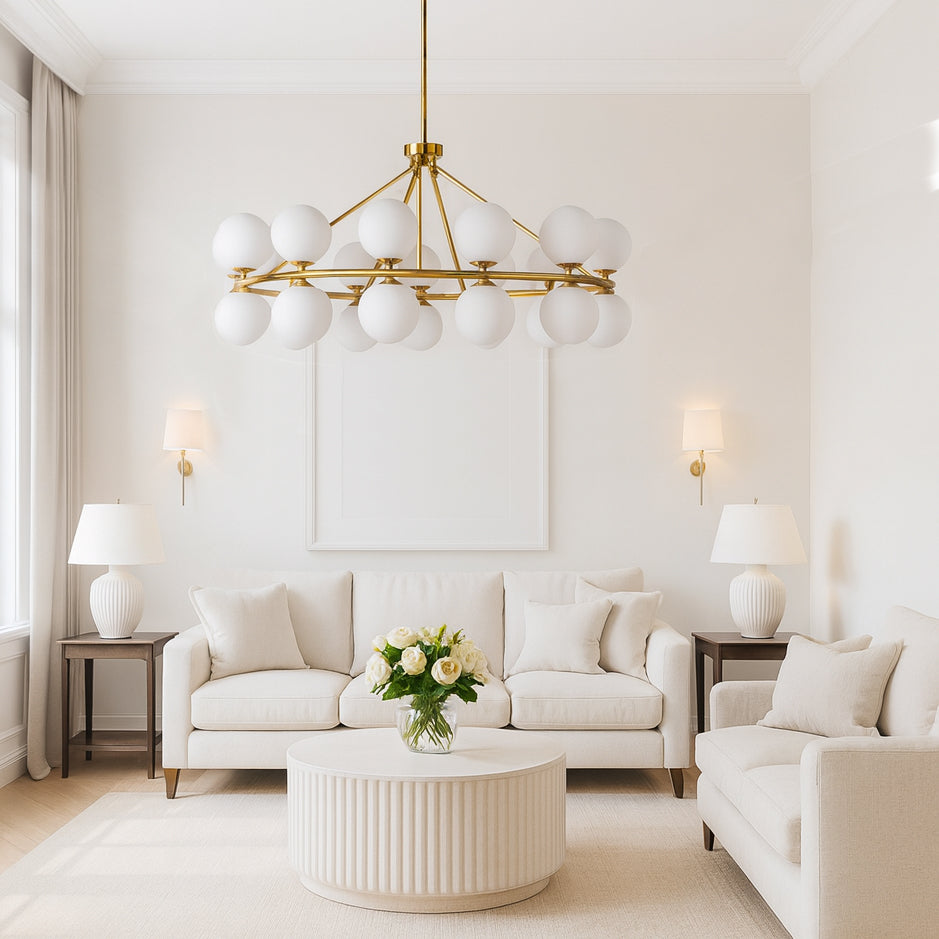 Massive, opaque globe chandelier, 24 globes set around a brushed gold frame, an absolute statement in any room. 