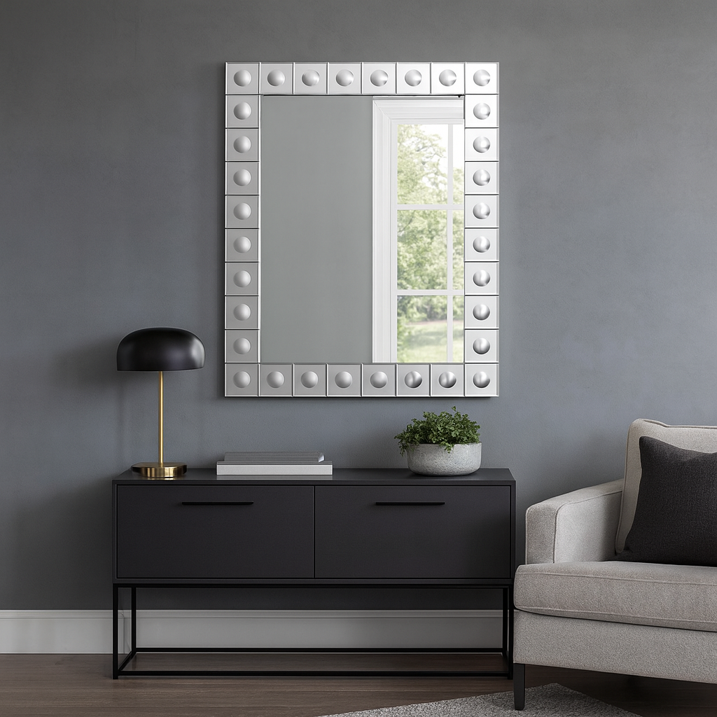 This is a Venetian-style wall mirror featuring a striking raised decorative frame. The rectangular mirror is bordered by a geometric design of square mirrored tiles, each accented with a raised circular dome detail that adds dimension, texture, and light-catching elegance. The reflective frame enhances the mirror’s brilliance, making it not only functional but also a bold decorative statement.

Its clean lines and sculptural frame give it a contemporary twist on classic Venetian design, making it versatile 