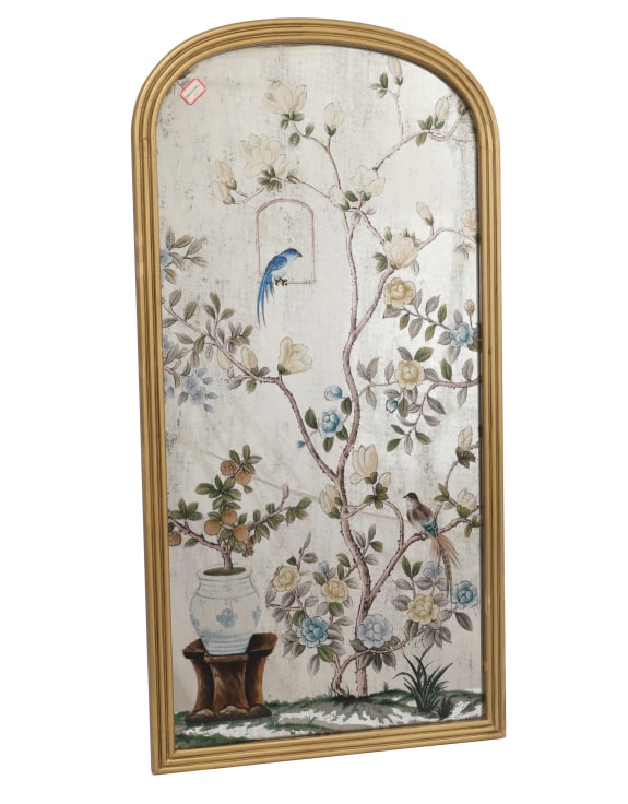 A stunning piece of mirrored wall art, a classic bird and flowers 'Victorian' style image on an arched mirror. &nbsp; The reflective surface creates a light enhancing focal point, which would work beautifully in any room, particularly in a conservatory, kitchen, a space where the natural light can bounce off the glass surface.&nbsp; Both decorative and atmospheric the gilt arched frame adds to the tranquil nature inspired aesthetic.