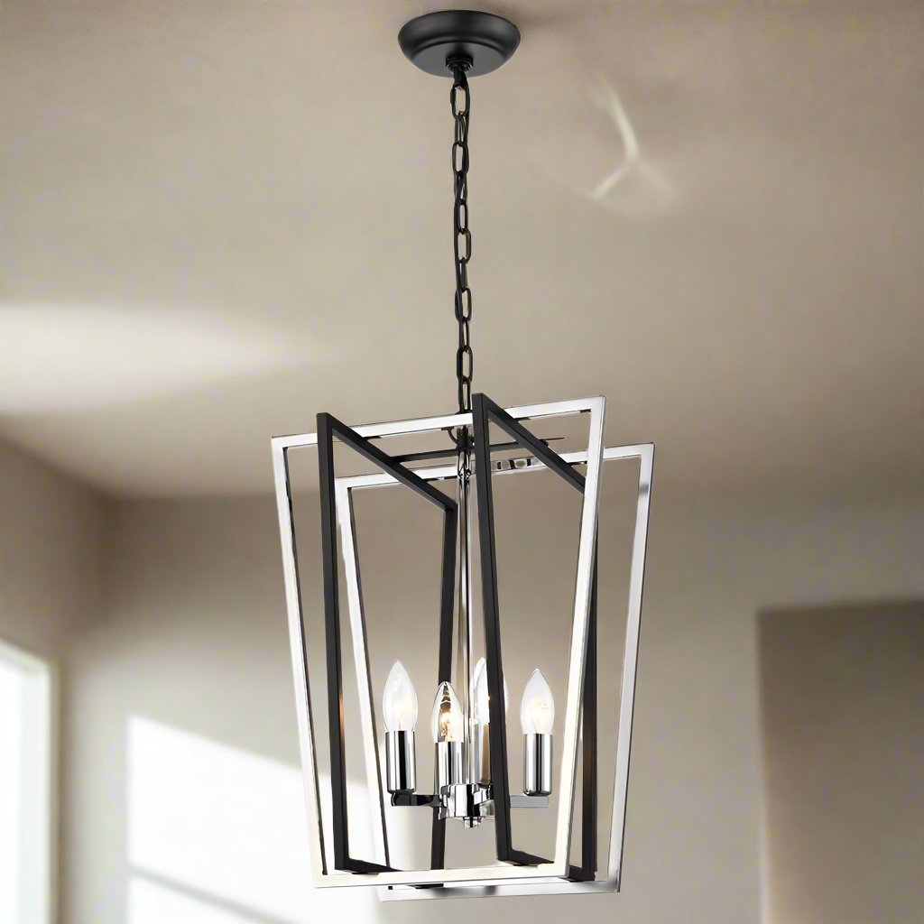 A tall chrome and black open lantern light hanging from the ceiling with a contemporary design.