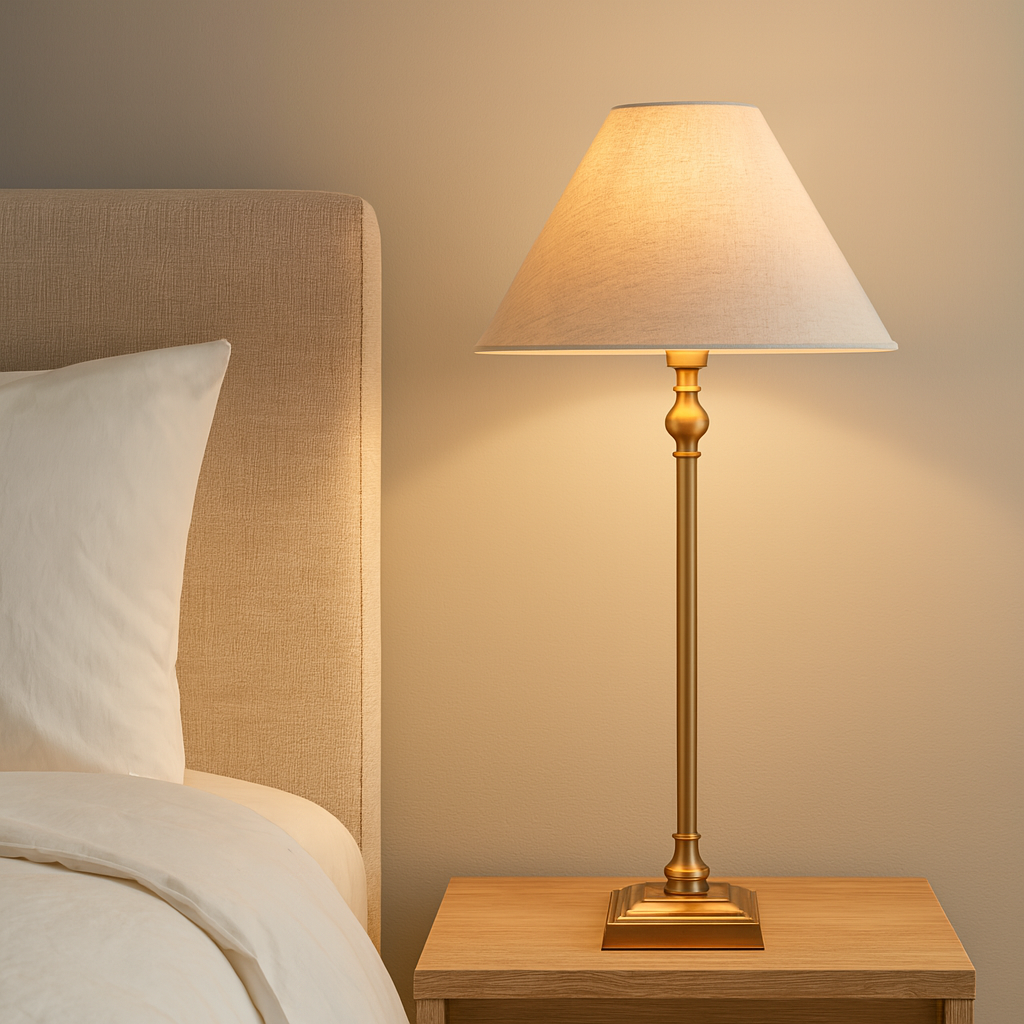 A classic, antique brass table lamp with linen shade in a  bedside table