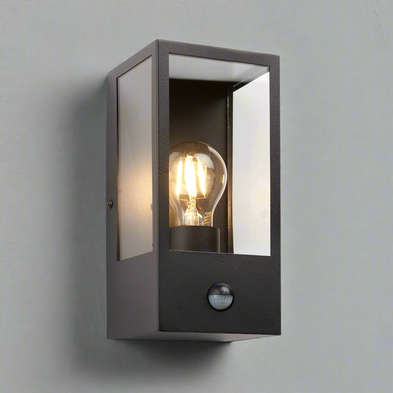 Black caged outdoor wall light, perfect for a period property with a filament bulb to add to the industrial feel. Stylish exterior lighting, entrance wall lights. Featuring an integrated sensor that automatically switches the light on and off when movement is detected.