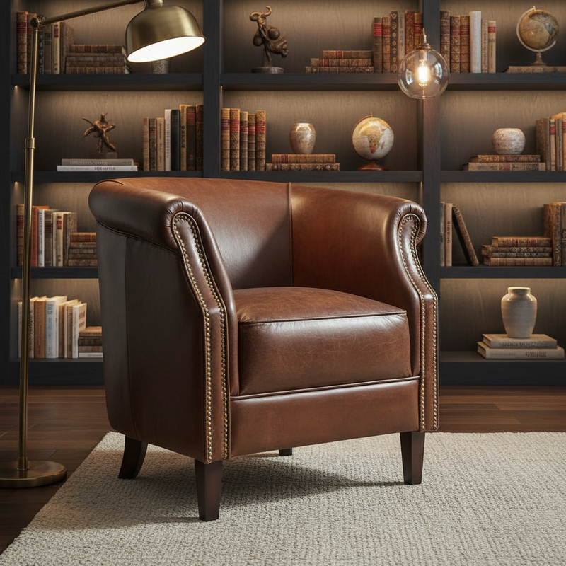 A brown leather armchair with rolled arms, nail head trim, and dark wooden legs, placed i na reading corner of a library room.