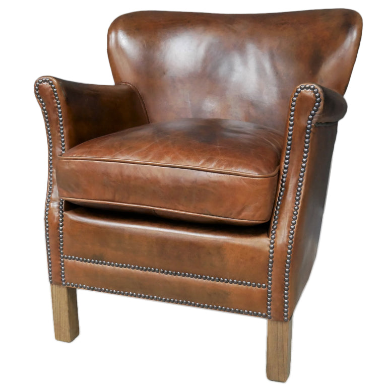 This is a classic leather armchair with a rich brown finish. The chair is upholstered in high-quality leather and has a slightly distressed finish.