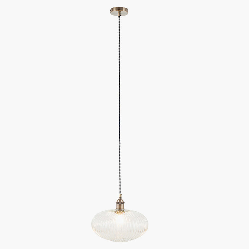 Oval Ribbed Glass & Brass Pendant W: 30 cm