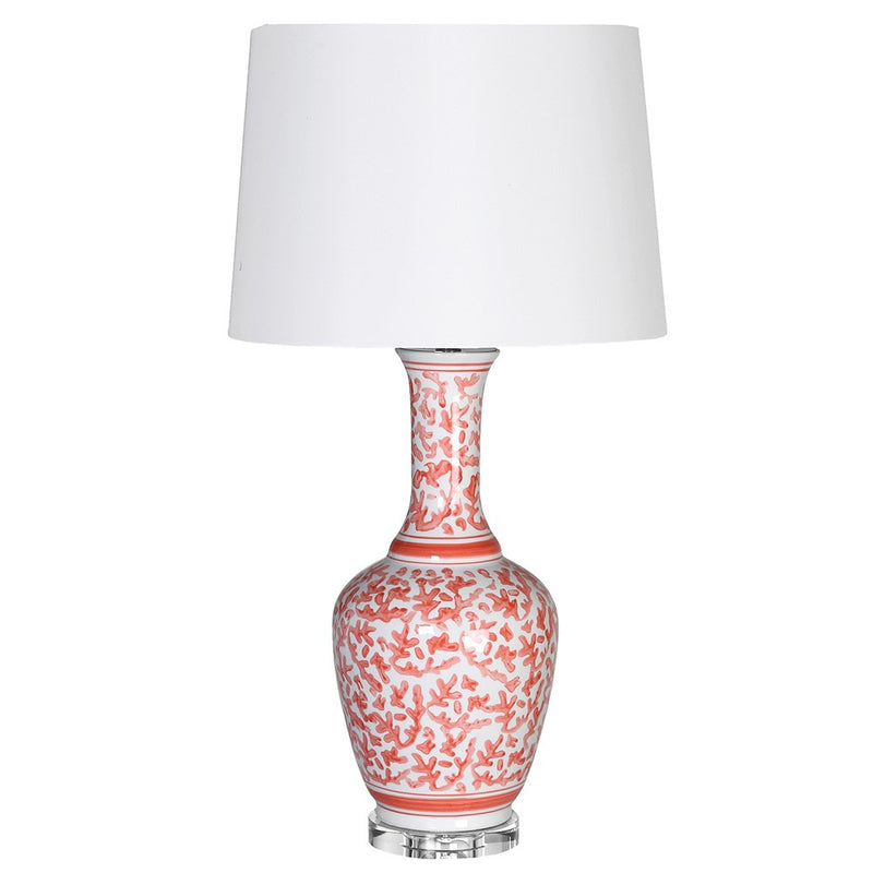 Classic, coral chinoiserie patterned lamp and white shade, a beautifully traditional ceramic lamp. Tall, elegant shape and warm colour.