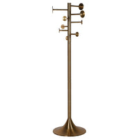Mid-century modern aged brass coat stand with architectural silhouette and multiple hooks