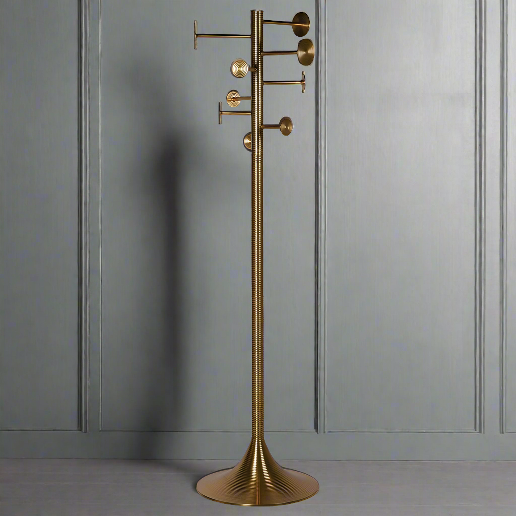 Tall aged brass coat stand with 8 hooks, featuring a sleek and glamorous design. Perfect for home decor, combining style and practicality.