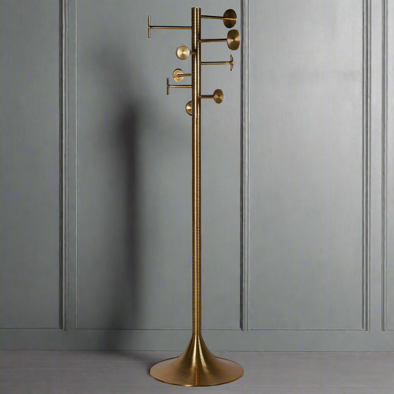 Tall aged brass coat stand with 8 hooks, featuring a sleek and glamorous design. Perfect for home decor, combining style and practicality.