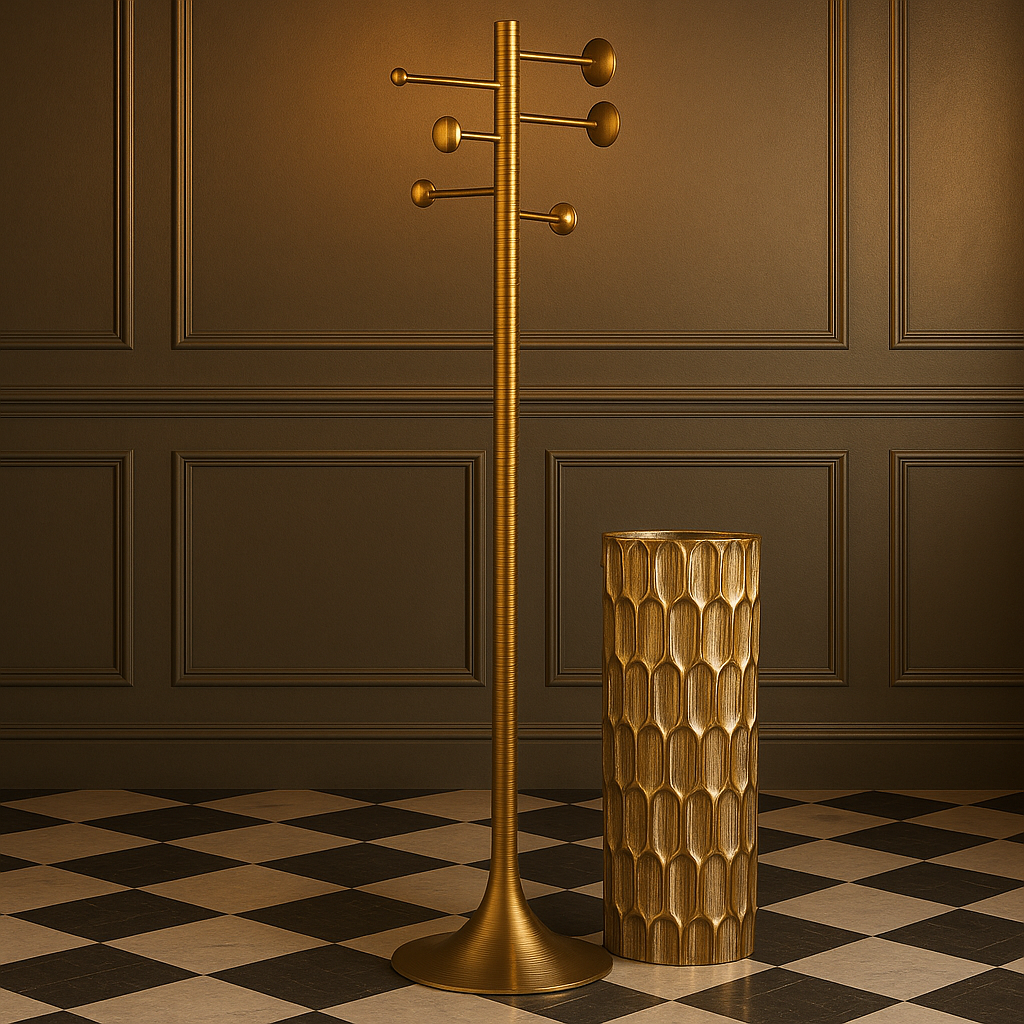 Tall aged brass coat stand with 8 hooks, featuring a sleek and glamorous design. Perfect for home decor, combining style and practicality.