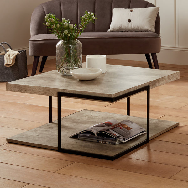 Concrete Effect Top & Black Iron Coffee Table - 82cm