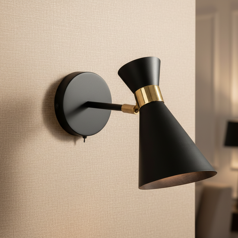black and brass wall light in a living room