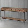 Very long 3 drawer wooden console table, made from reclaimed oak is set in an iron frame with a lower wooden shelf, a really striking but useful table, perfect for a large hall, whether in a country house of city home, a statement piece.