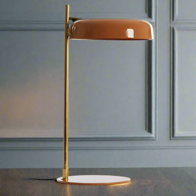 A&nbsp; stunning contemporary desk light with an enameled orange colour shade and base.&nbsp; &nbsp;The shallow shade and elongated brushed brass stand have an ultra modern look and will lift and modernise any desk or table it is placed upon.&nbsp;