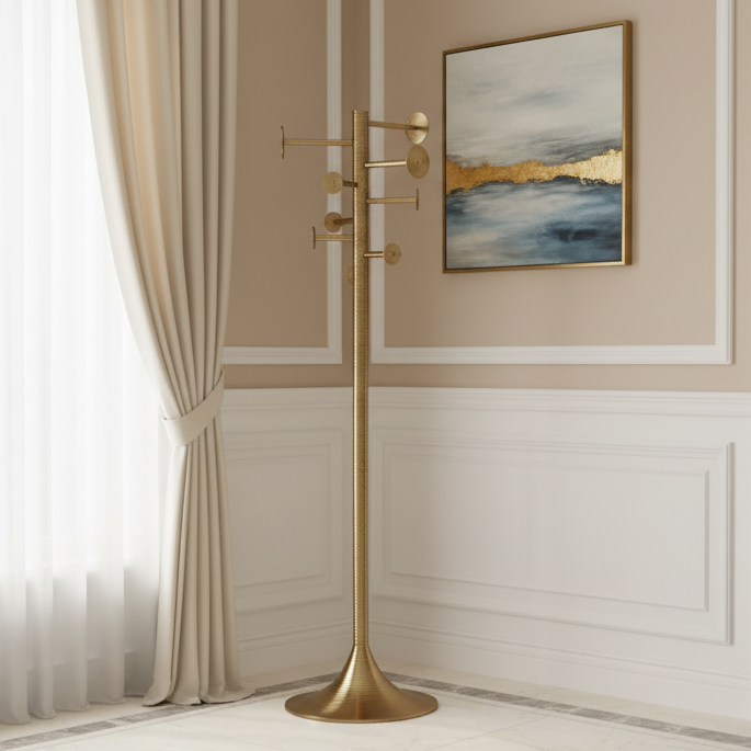 Contemporary sculptural coat stand in aged brass for modern homes and designer interiors