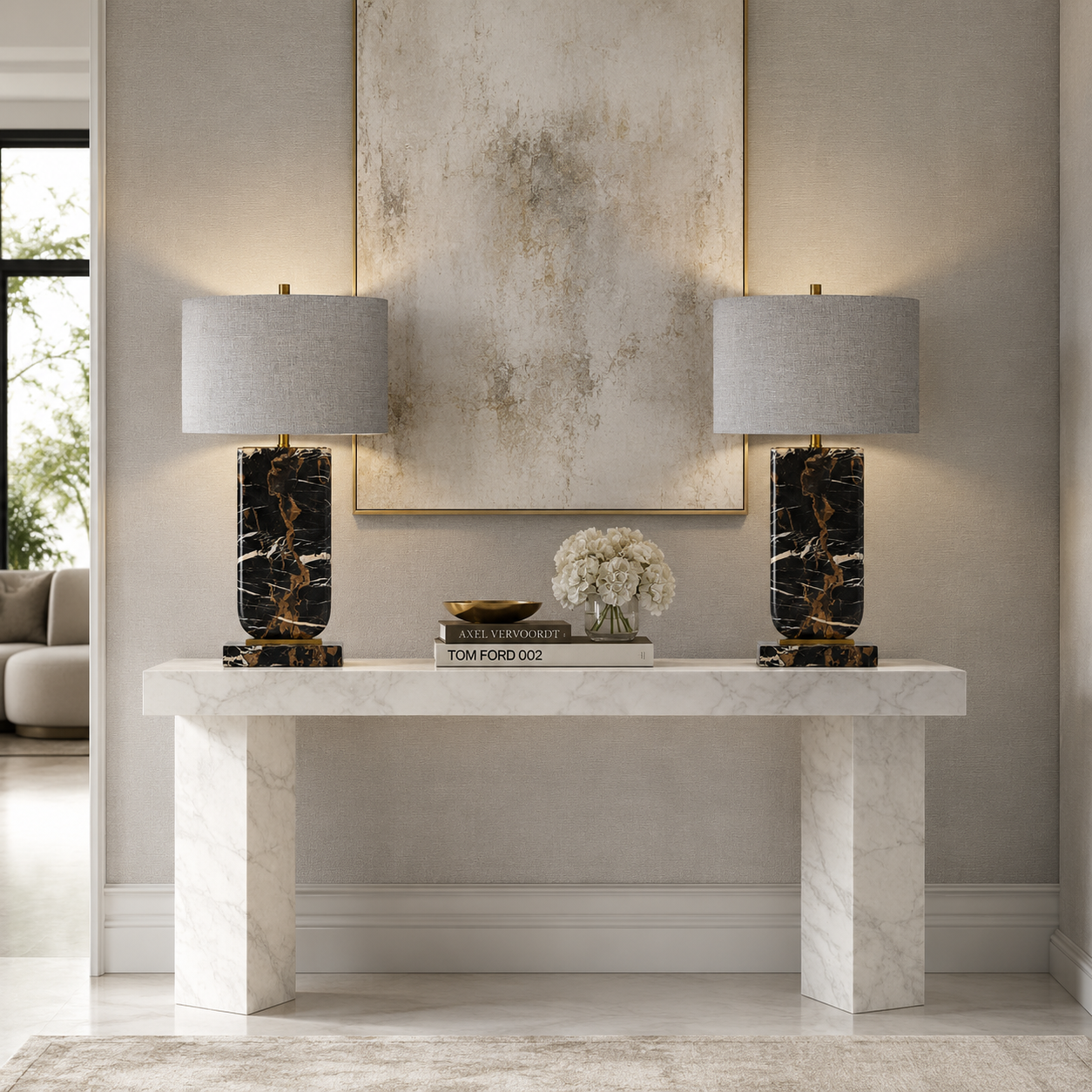 Marble Based Lamp with Grey Linen Shade
