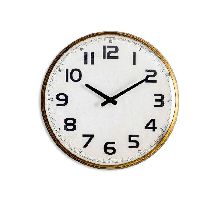 Gold station style wall clock with convex glass to the front. Exceptional clock with the added feature of 'fisheye' glass. Perfect retro look.