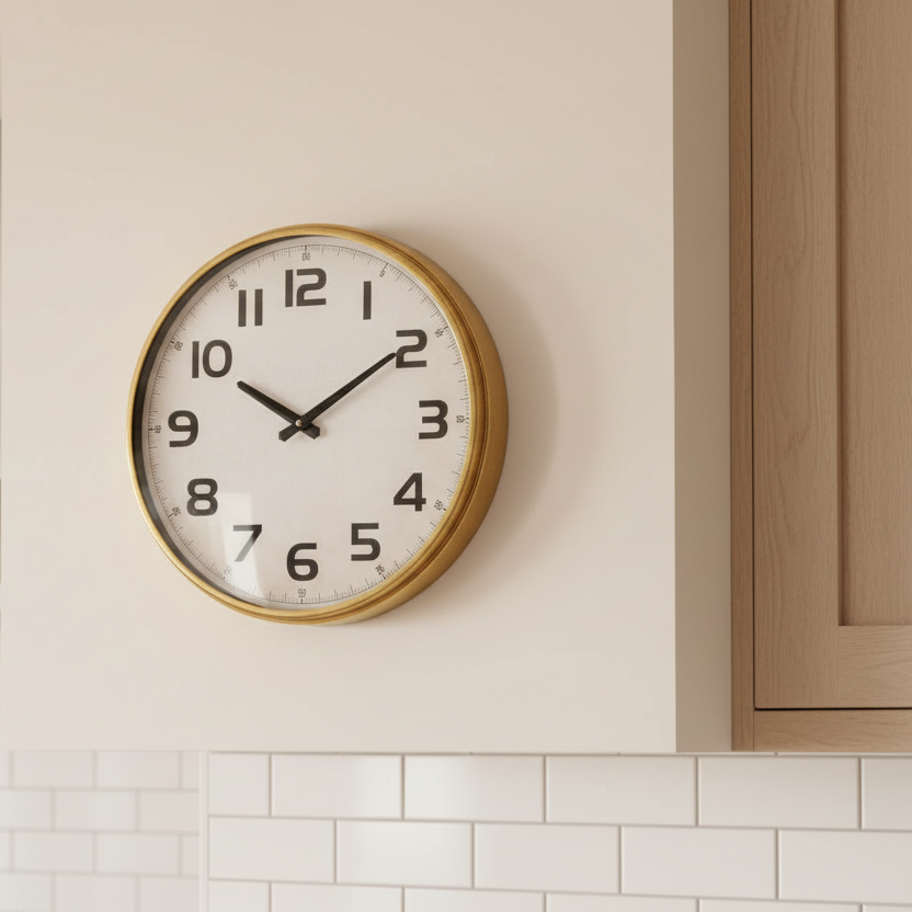 Gold station style wall clock with convex glass to the front. Exceptional clock with the added feature of 'fisheye' glass. Perfect retro look.