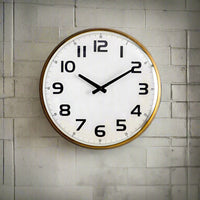 Gold station style wall clock with convex glass to the front. Exceptional clock with the added feature of 'fisheye' glass. Perfect retro look.