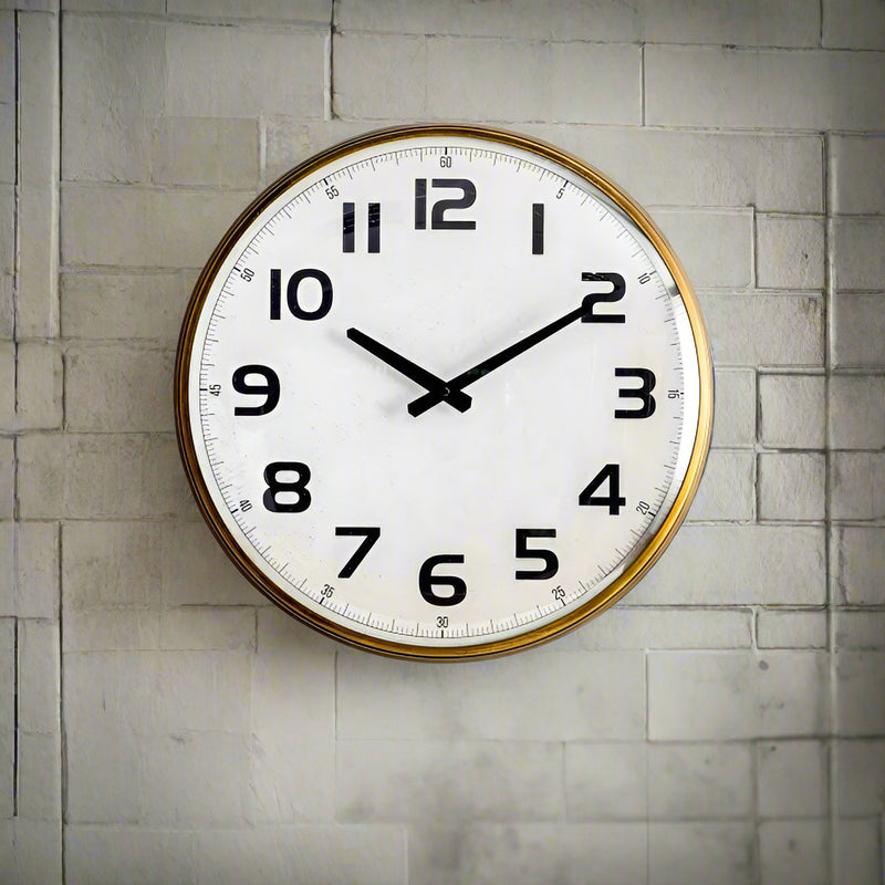 Gold station style wall clock with convex glass to the front. Exceptional clock with the added feature of 'fisheye' glass. Perfect retro look.