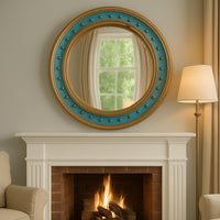 Classic 'Georgian' style gilt and blue beaded convex mirror. Exceptional statement mirror, perfect in a Country House or to add history and interest in an urban space. This mirror would work beautifully in a hall or over a mantlepiece in a living area. A really contemporary take on a typical antique style mirror.