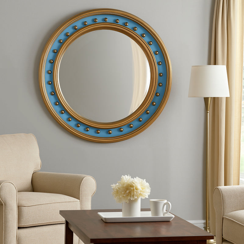 Classic 'Georgian' style gilt and blue beaded convex mirror. Exceptional statement mirror, perfect in a Country House or to add history and interest in an urban space. This mirror would work beautifully in a hall or over a mantlepiece in a living area.&nbsp; A really contemporary take on a typical antique style mirror.