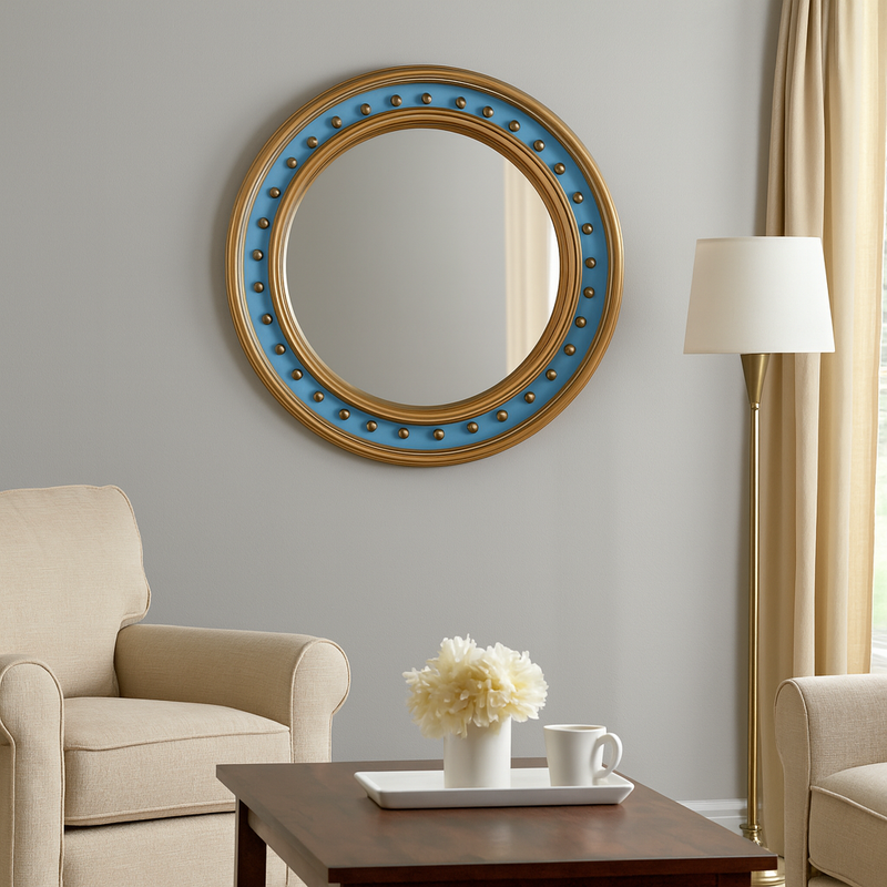 Convex Wall Mirror Blue Gilt Beaded Frame 96cm