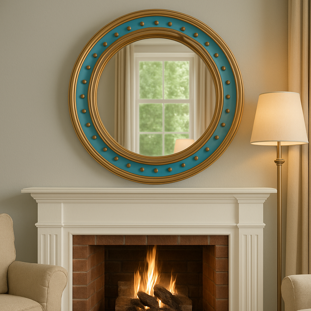 Convex Wall Mirror Blue Gilt Beaded Frame 96cm