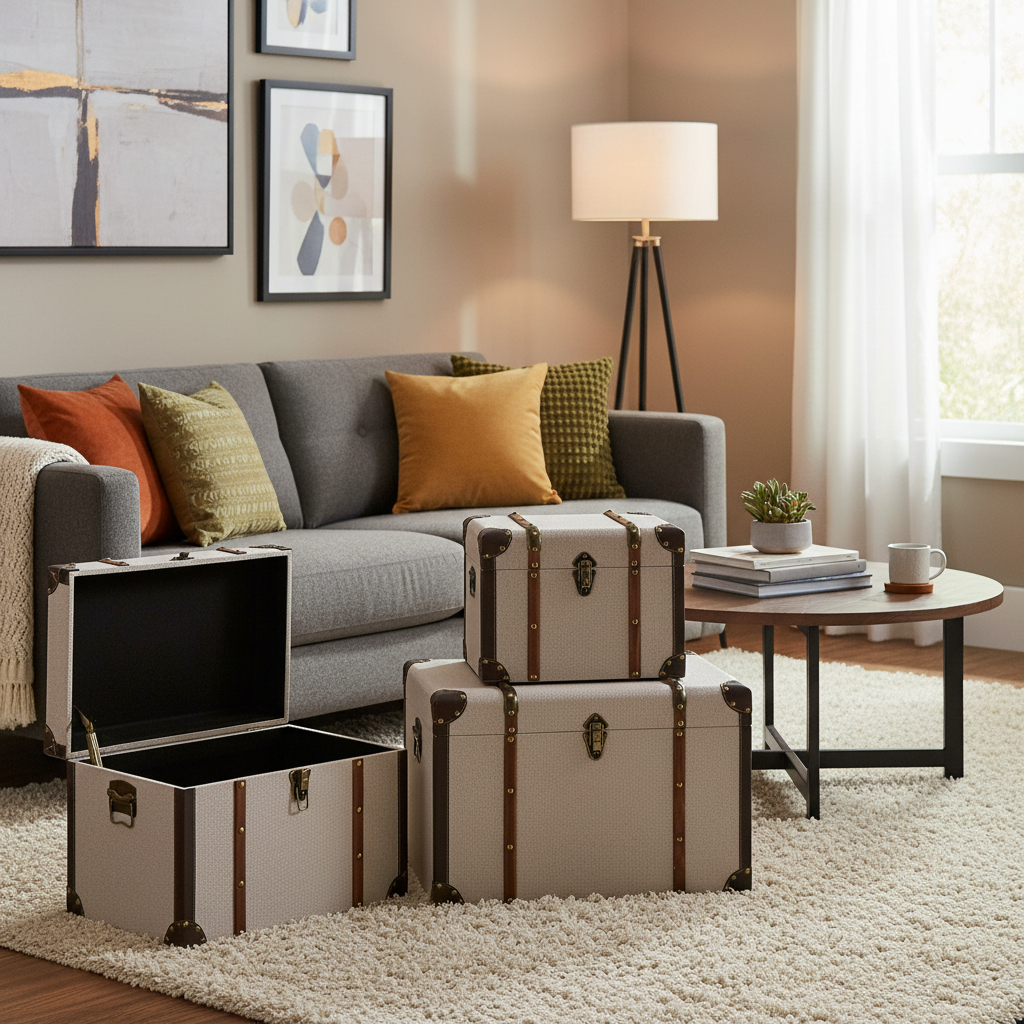Living room with gray sofa, decorative pillows, and storage trunks.