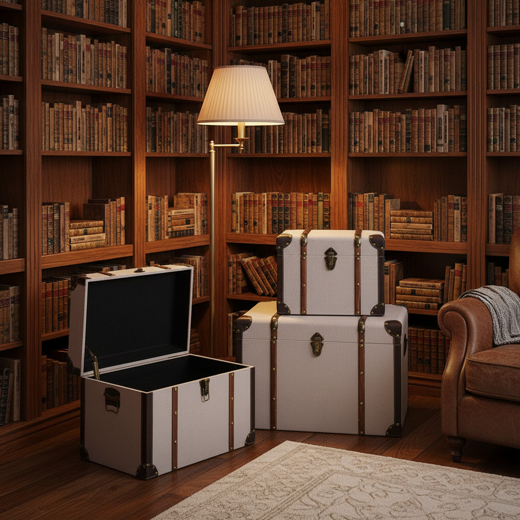 Two vintage-style trunks in a library setting with bookshelves and a lamp in the background.