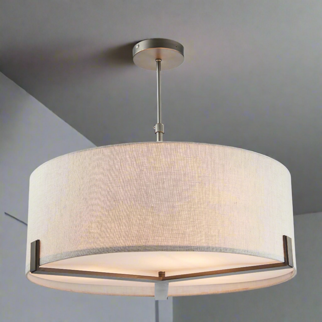 Shaded Ceiling Light - Bronze with neutral cream fabric shade and bronze cross frame, ideal for warm ambient lighting in modern interiors.