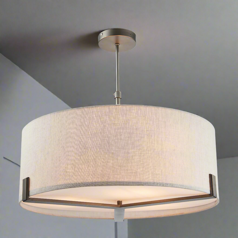 Shaded Ceiling Light - Bronze with neutral cream fabric shade and bronze cross frame, ideal for warm ambient lighting in modern interiors.