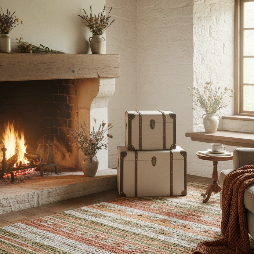 Two vintage-style storage trunks stacked in a cosy living room with a fireplace.