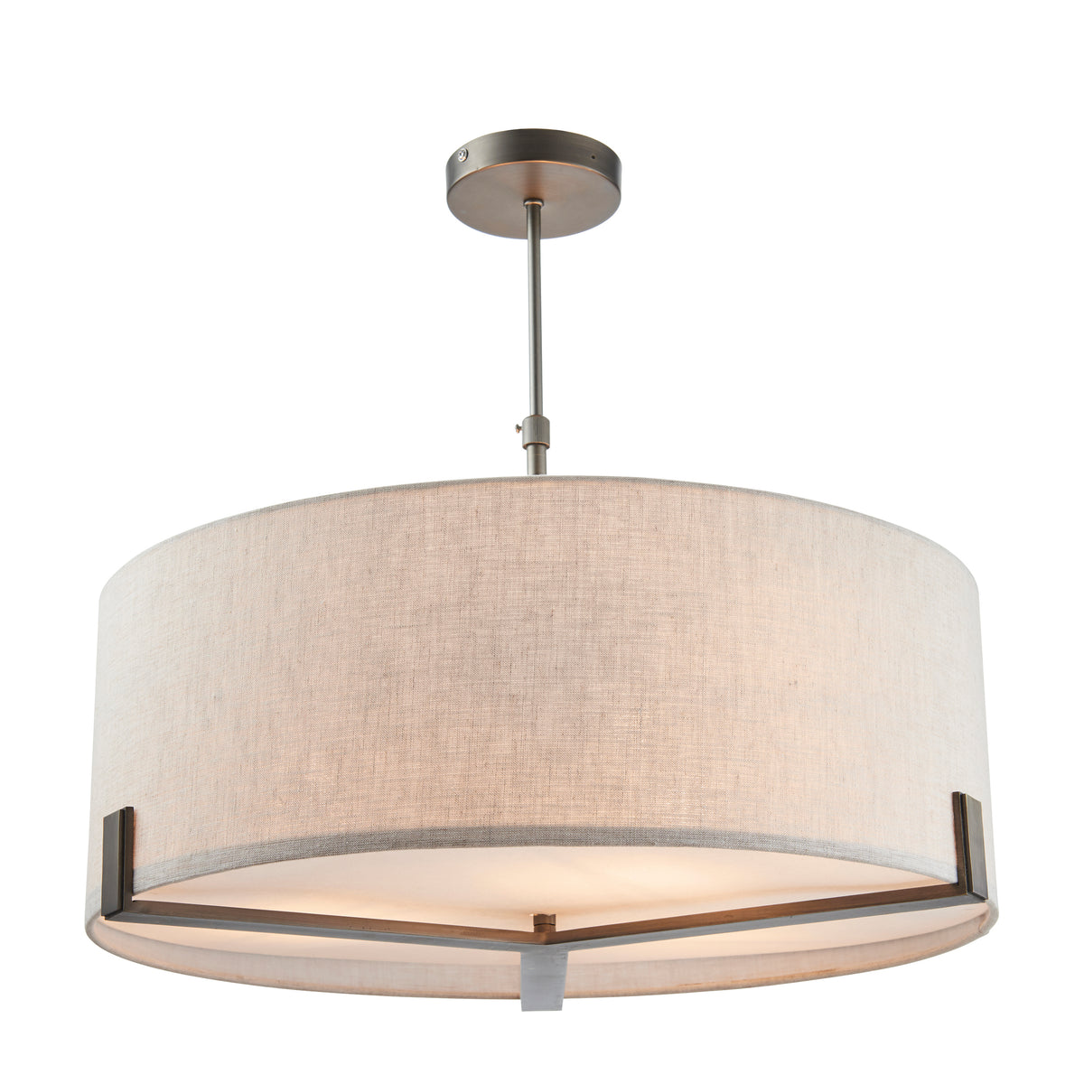 Neutral shaded with bronze metal cross to the base. A semi-flush, or flush pendant. Clean, uncluttered effect for your ceiling. The cream shade offering a warm glow to any bedroom, living room or hall.