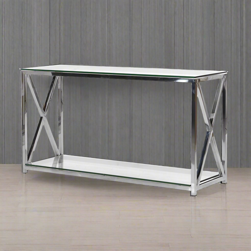 Polished chrome and glass console, phenomenal size adding light to any space. The 40cm depth means it will fit perfectly in a narrow hall.