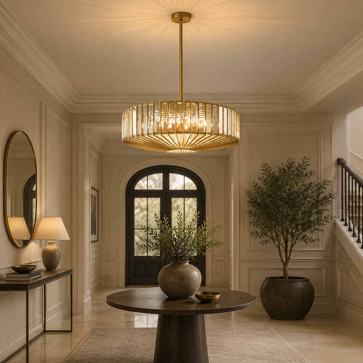 An elegant crystal and bronze chandelier with adjustable height. Its warm glow and geometric design elevate dining rooms, living rooms or hallways