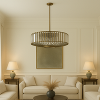 An elegant crystal and bronze chandelier with adjustable height. Its warm glow and geometric design elevate dining rooms, living rooms or hallways