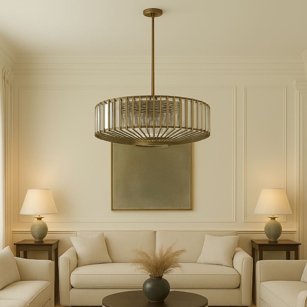 An elegant crystal and bronze chandelier with adjustable height. Its warm glow and geometric design elevate dining rooms, living rooms or hallways