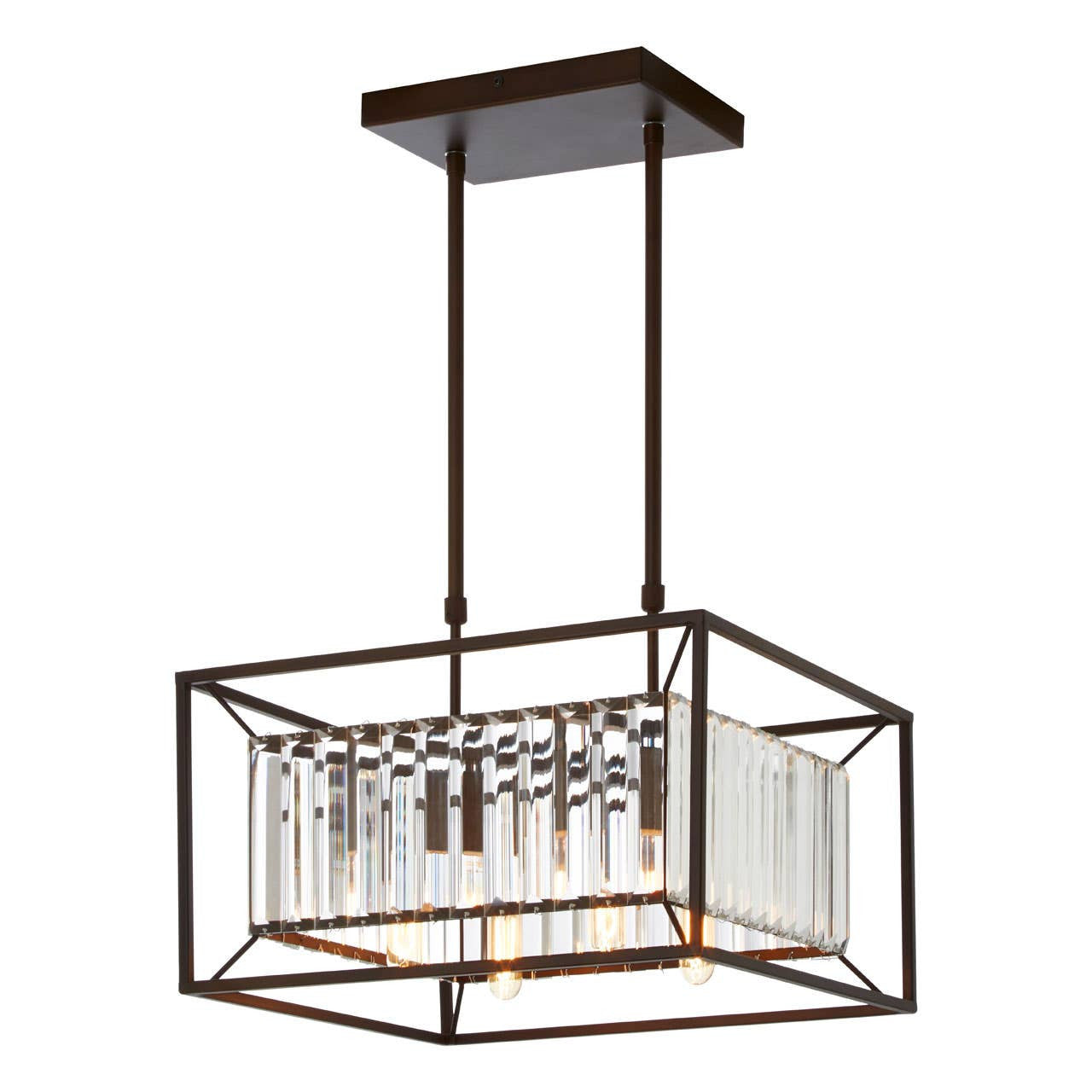 Rectangular industrial caged chandelier with clear glass rods and dark metal frame hanging over a modern kitchen ceiling