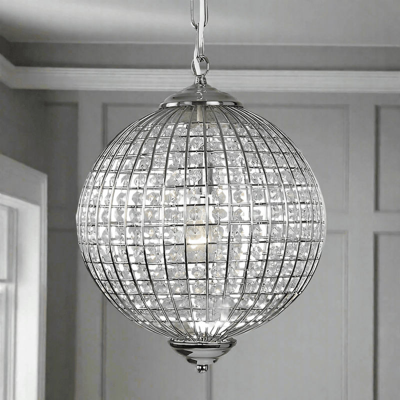 Chrome Globe Chandelier available in two sizes 50cm or 40cm wide. Crystal beading encased in silver metalwork reflects a pretty pattern around your ceiling and walls.