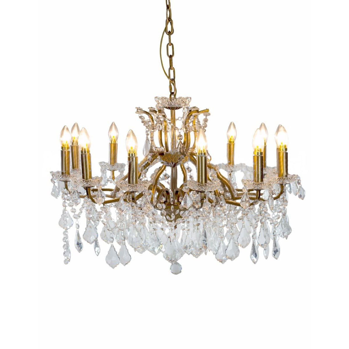Large, shallow crystal chandelier on a gilt frame. Classic crystal 12 branch chandelier, shallow to fit in a smaller room and perfect for the hall or sitting room of a period property. 