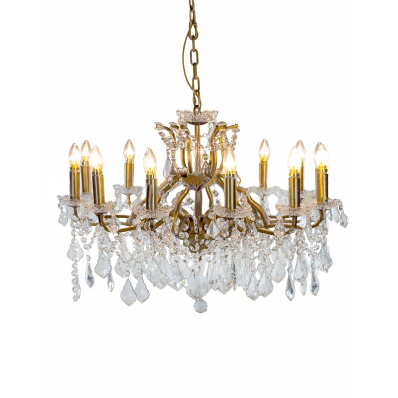 Large, shallow crystal chandelier on a gilt frame. Classic crystal 12 branch chandelier, shallow to fit in a smaller room and perfect for the hall or sitting room of a period property. 