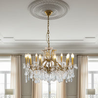  Large, shallow crystal chandelier on a gilt frame. Classic crystal 12 branch chandelier, shallow to fit in a smaller room and perfect for the hall or sitting room of a period property. 